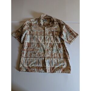 Reyn Spooner Mens M Cotton Button Down Shirt Fish Print Brown Tan Short Sleeve
